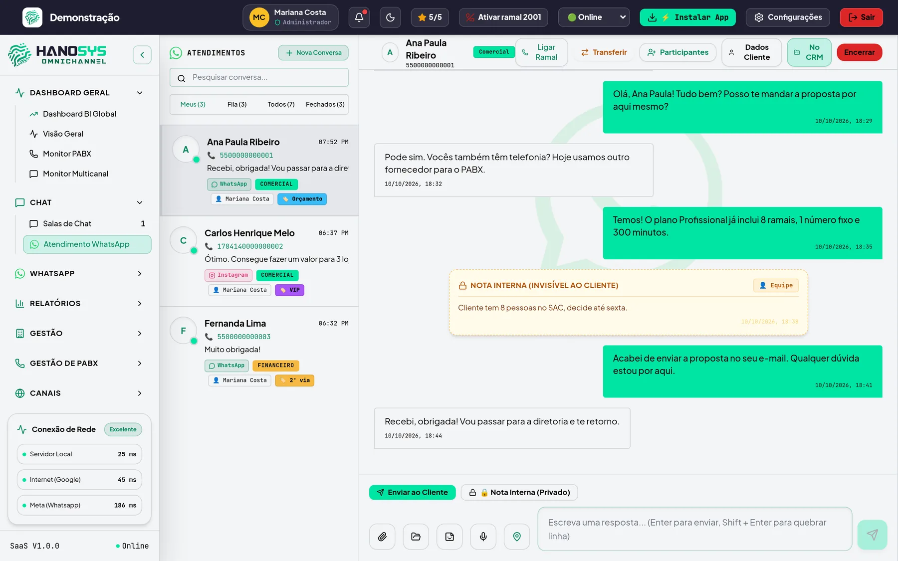 Tela de atendimento do HanoSys Omnichannel com conversas de WhatsApp e Instagram